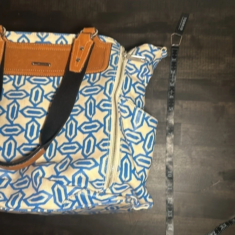 Rebecca Minkoff Blue and White Geometric Baby Bag with Tan Trim